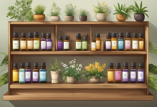 Essential oils stored on a wooden shelf