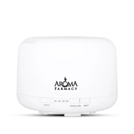 A white Aroma Pharmacy branded diffuser with control buttons and aroma light. The logo is black and the text is white, displaying 'Aroma Pharmacy'