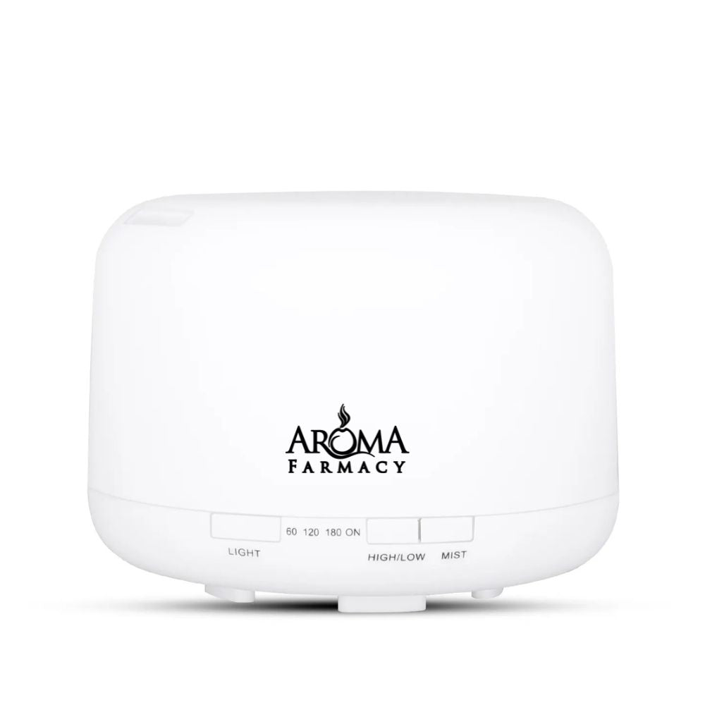 A white Aroma Pharmacy branded diffuser with control buttons and aroma light. The logo is black and the text is white, displaying 'Aroma Pharmacy'