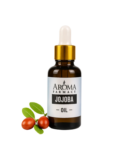 Bottle of Aroma Pharmacy Jojoba Oil with dropper on a white background