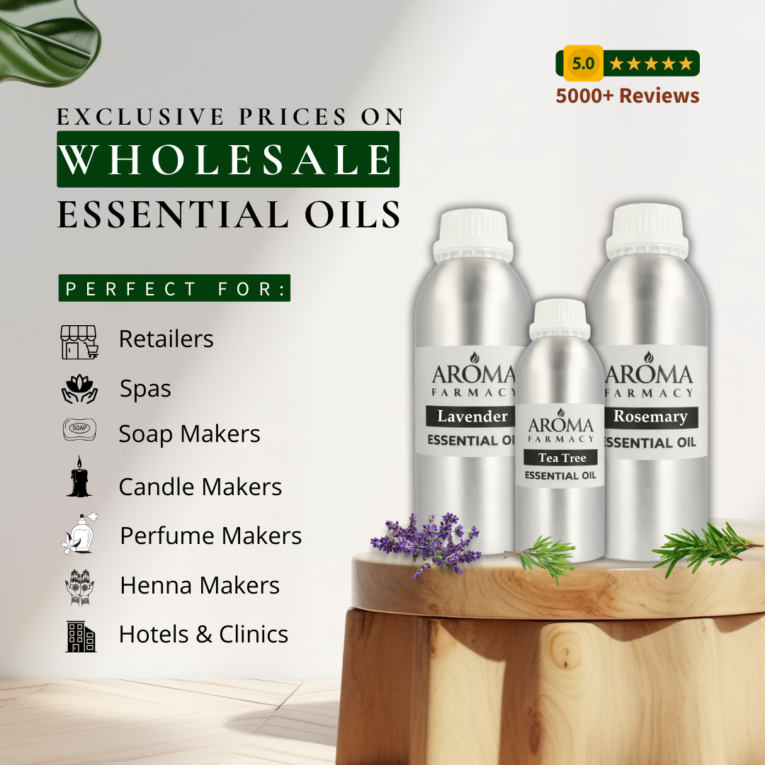 Aroma Pharmacy essential oils on a wooden stand with promotional text about wholesale prices.
