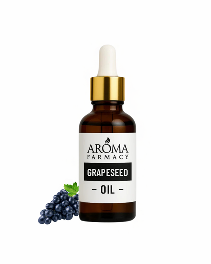 Grapeseed oil dropper bottle with grapes on a white background