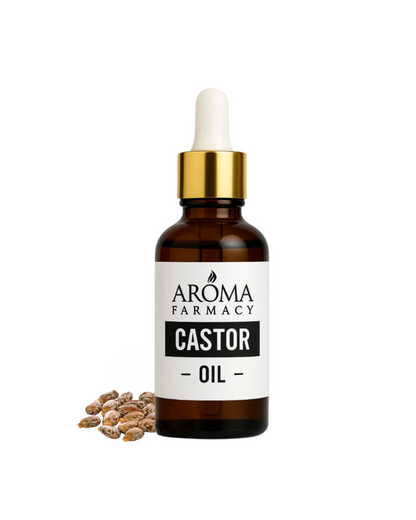 Bottle of Aroma Farmacy Castor Oil with seeds on a white background